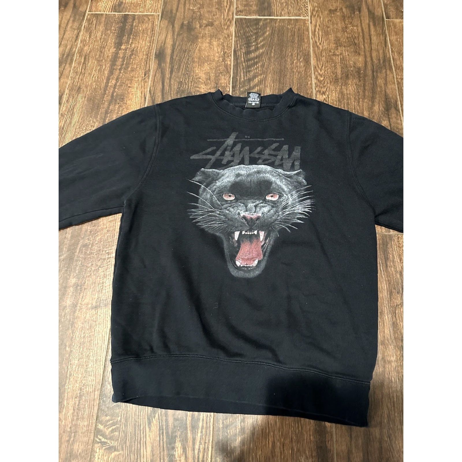Vintage Stussy VTG Black Panther Graphic Spellout Crewneck Sweatshirt M Black USA Mens Distressed Size US 31 - 4 Thumbnail