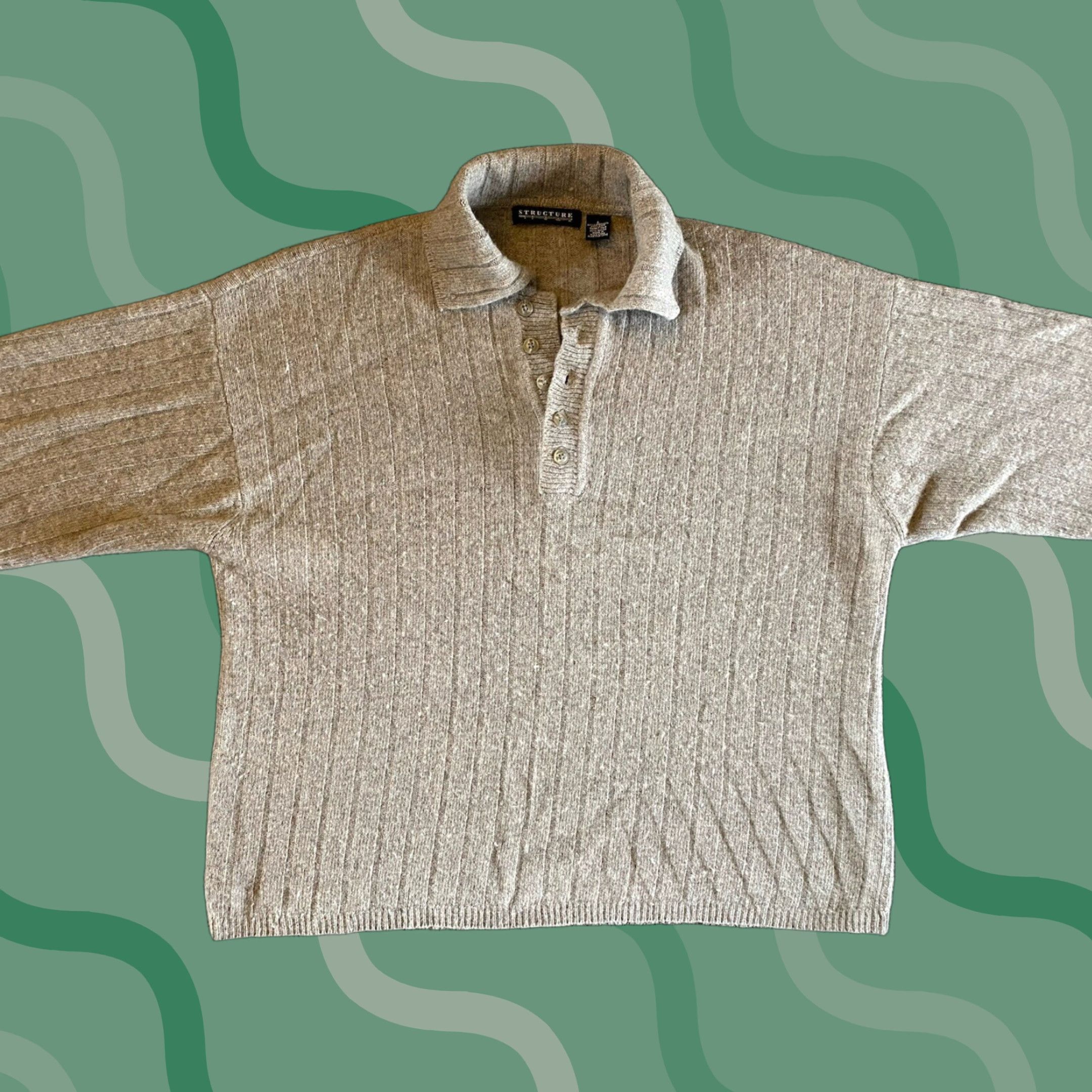 Vintage Structure Men’s Size L Henley Sweater Lambswool Rabbit Hair Collared Beige Mens Size US L / EU 52-54 / 3 - 1 Thumbnail