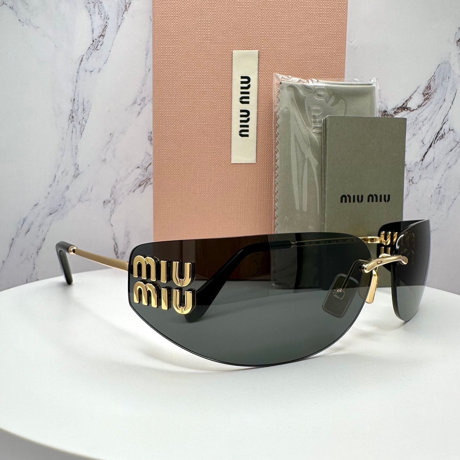 Miu Miu New MIU MIU Sunglasses Gold Dark Gray Lens Runway Wrap Size ONE SIZE - 19 Thumbnail