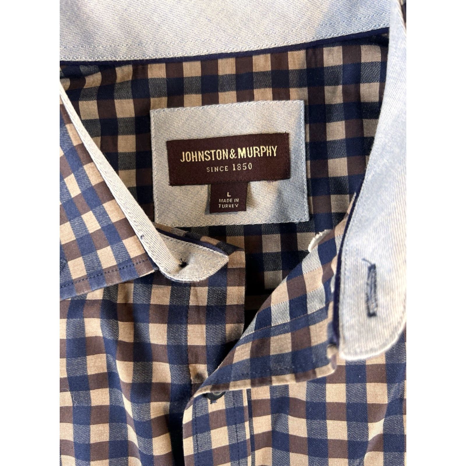 Johnston & Murphy Johnston Murphy Button-Up Shirt Mens L Brown Navy Preppy Cotton Button Collar Long Sleeve Knit Collarless? Size US L / EU 52-54 / 3 - 3 Thumbnail