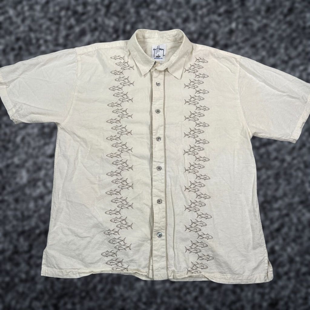 Guy Harvey Guy Harvey By Aftco Button-Up Shirt Ivory XXL Short Sleeve Men Beach Classic Embroidered Animal Print Button-Down Collar Shirt Size US XXL / EU 58 / 5 - 1 Thumbnail