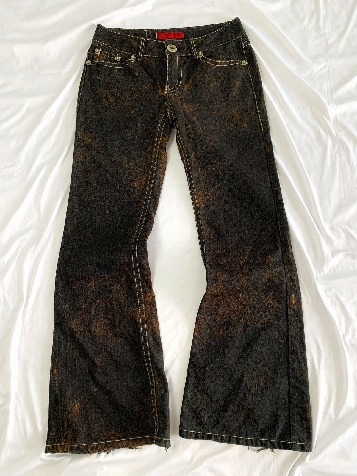 Japanese Brand Flare jeans cracked wash design zippy ziggy japan Size US 29 - 1 Thumbnail