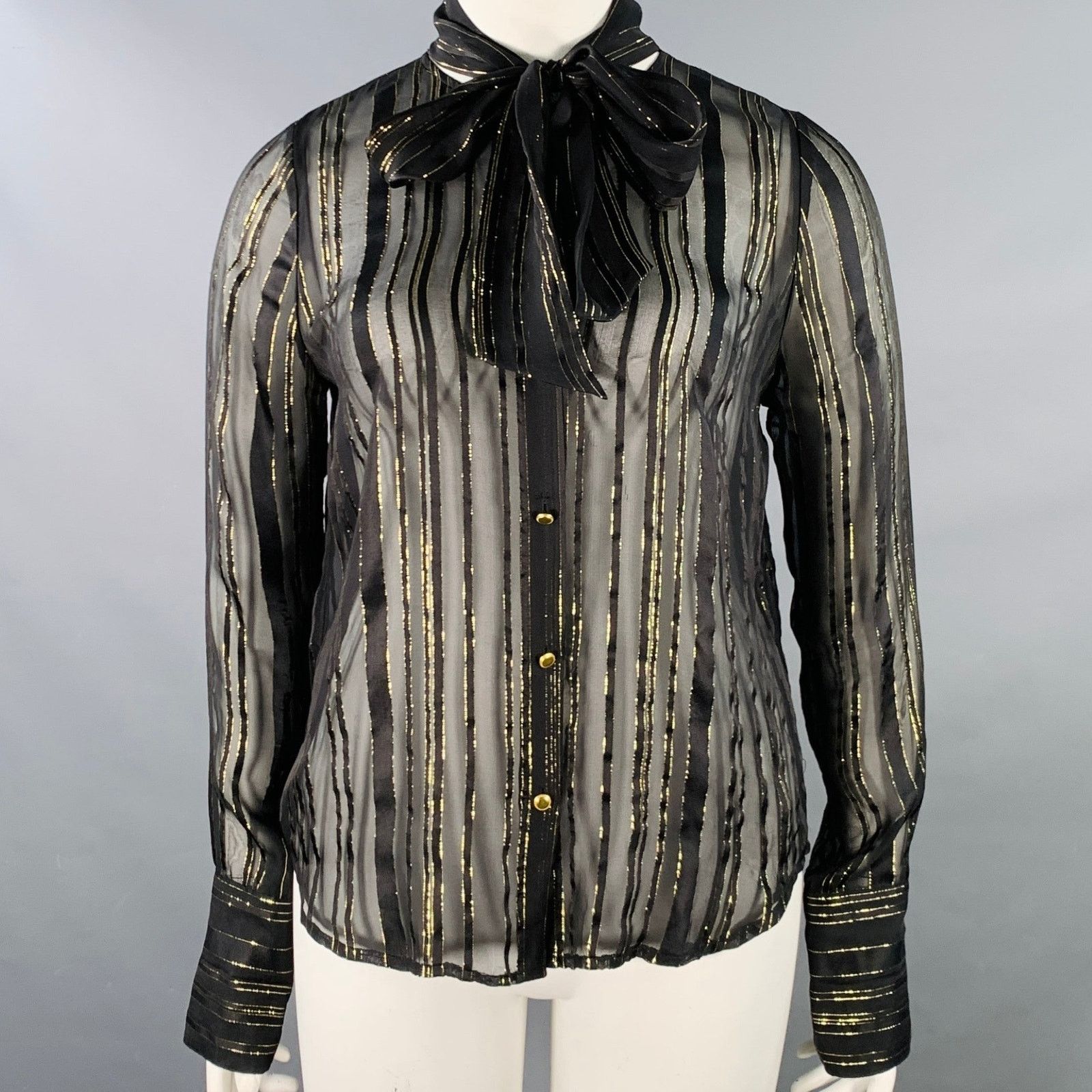 Frame FRAME Size L Black Gold Metallic Stripe Bow Button Up Blouse Size L / US 10 / IT 46 - 1 Thumbnail
