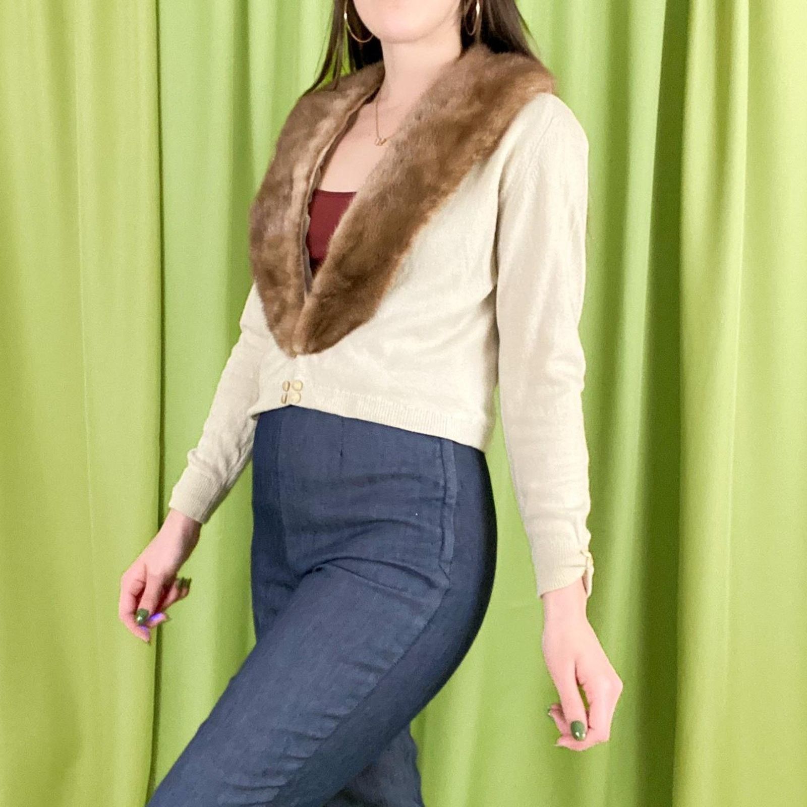 Vintage 60s Vintage Beige Brown Cashmere Cardigan Rabbit Fur Collar Size M / US 6-8 / IT 42-44 - 3 Thumbnail
