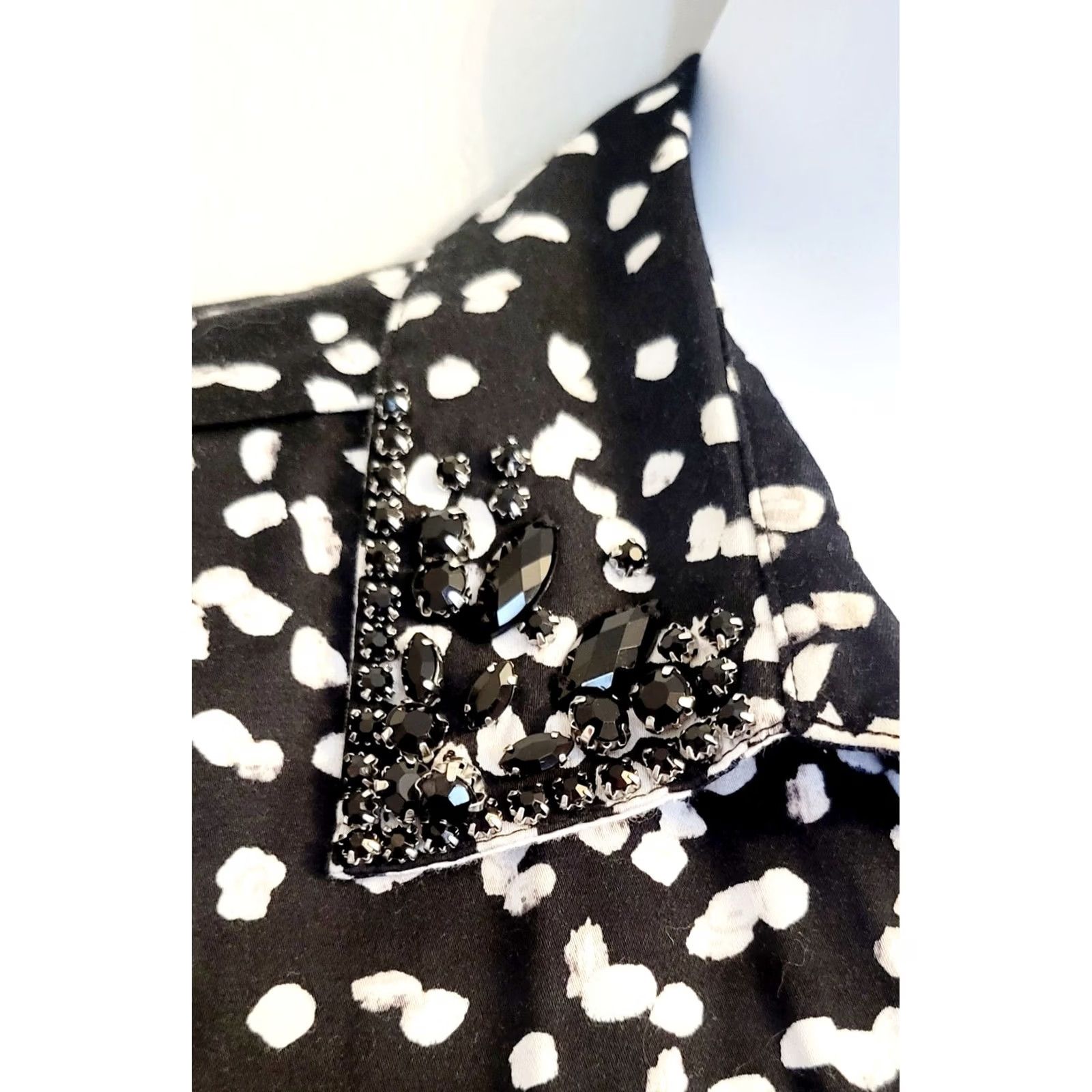 Vintage Lane Bryant Button-Up Shirt Blouse Polka Dot 24 2X 3X BlackWhite 3/4 Sleeve Collared Jeweled Collar Plus Size Womens Shirt Size 4XL / US 24-26 - 2 Thumbnail