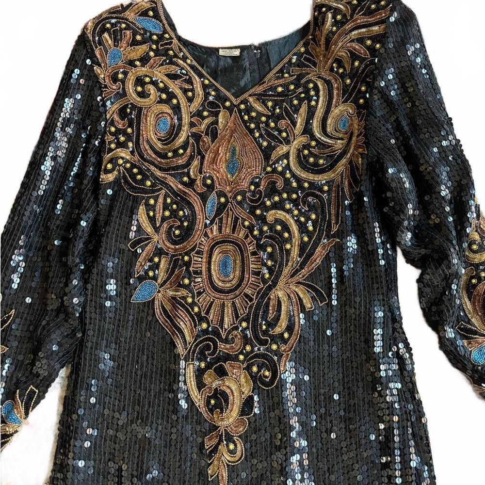 Designer Vintage 1980s Sequin/Beaded pure silk Cocktail Gown Size L / US 10 / IT 46 - 2 Thumbnail