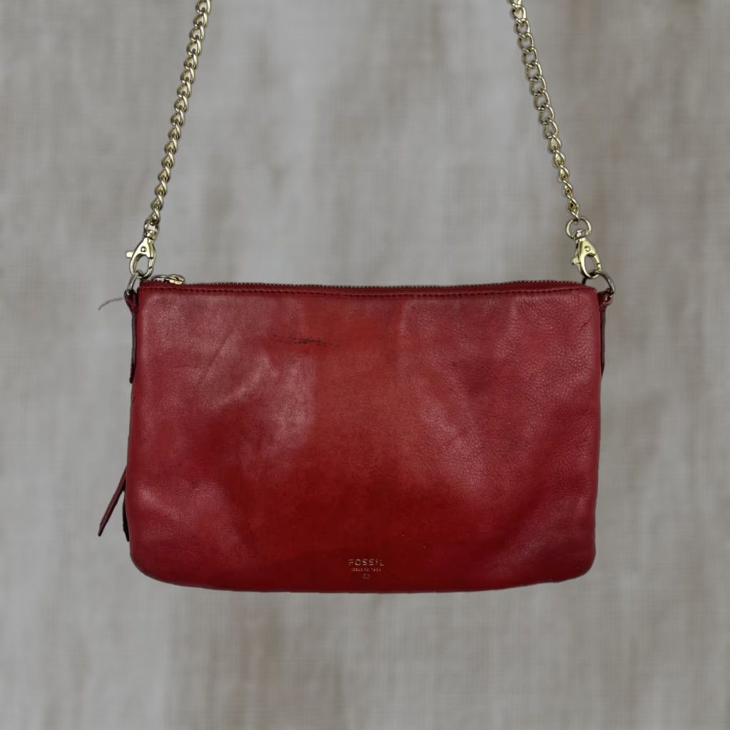 Vintage Fossil Red Leather Shoulder Bag Chain Strap 11X7.5 Womens Small Bag
