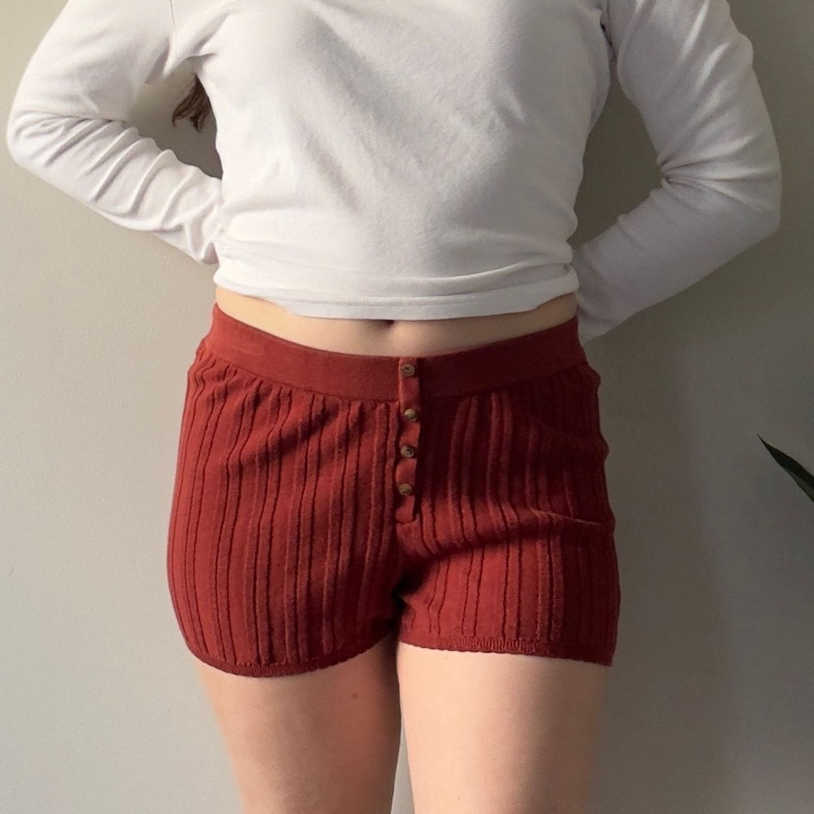 Anthropologie Anthropologie Ribbed Button-Up Shorts Rust cotton blend S Size 27" / US 4 / IT 40 - 1 Thumbnail