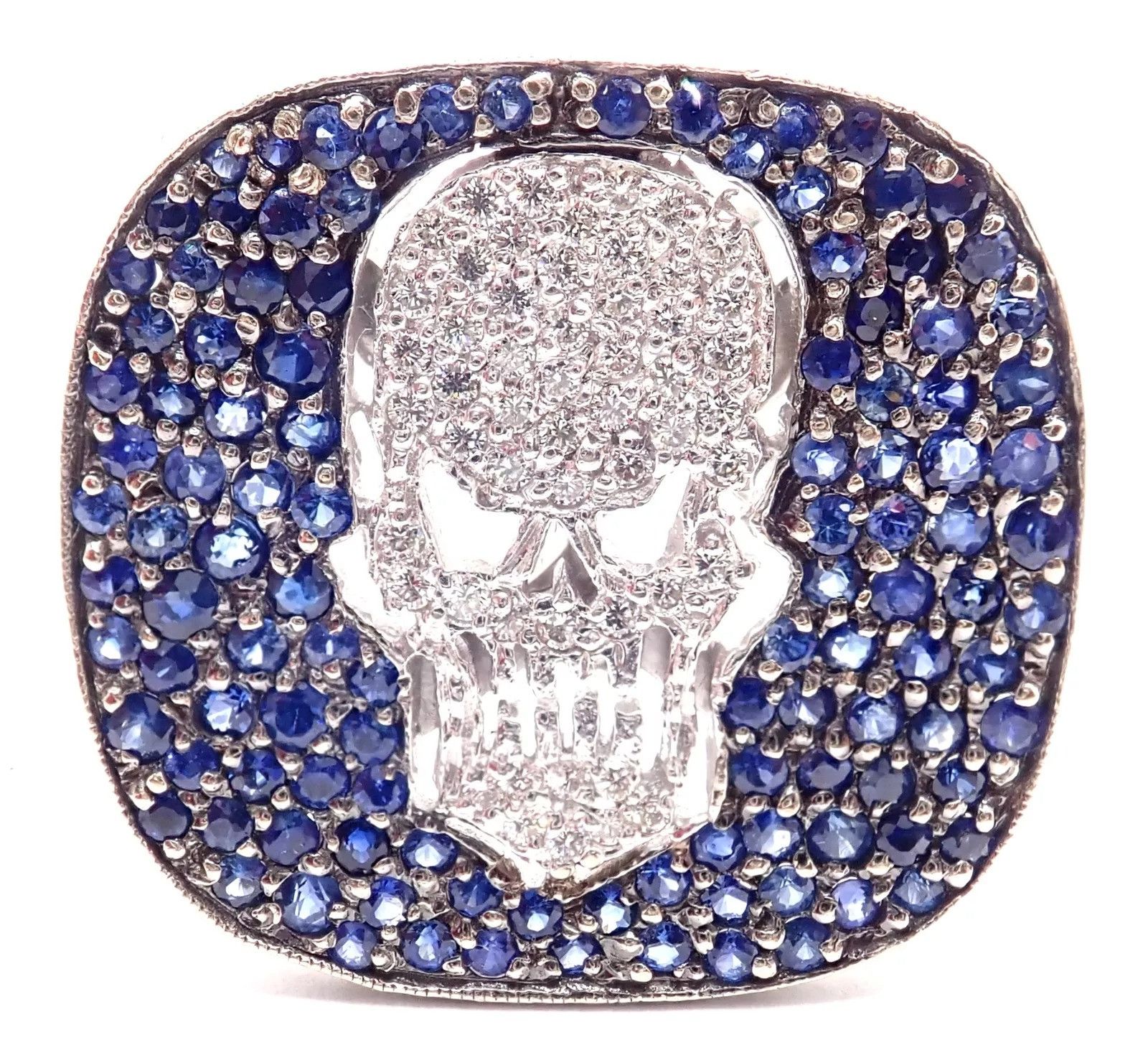 Vintage Loree Rodkin 18k White Gold Diamond Sapphire Skull Ring Size ONE SIZE - 3 Thumbnail