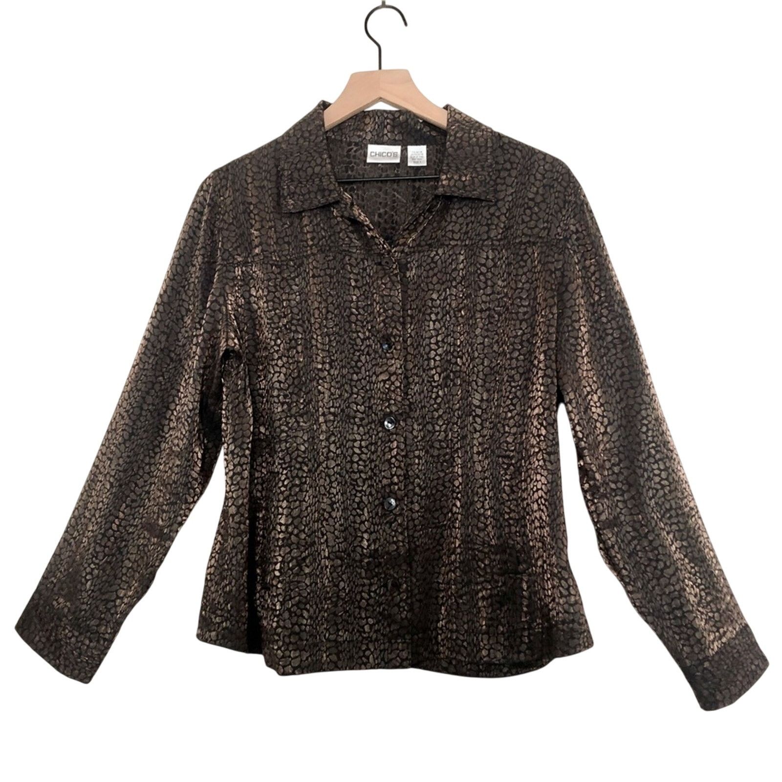 Chicos Chico's Leopard Metallic Black Gold Button Blouse Shirt Top Size M / US 6-8 / IT 42-44 - 1 Thumbnail