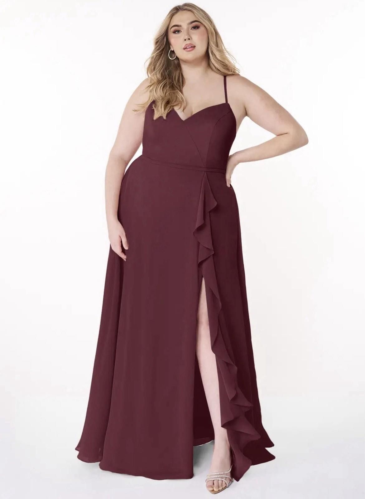 Other Azazie Burgundy Cabernet A-Line V-neck Ruffle Chiffon A16 Size XXL / US 16-18 / IT 52-54 - 1 Thumbnail