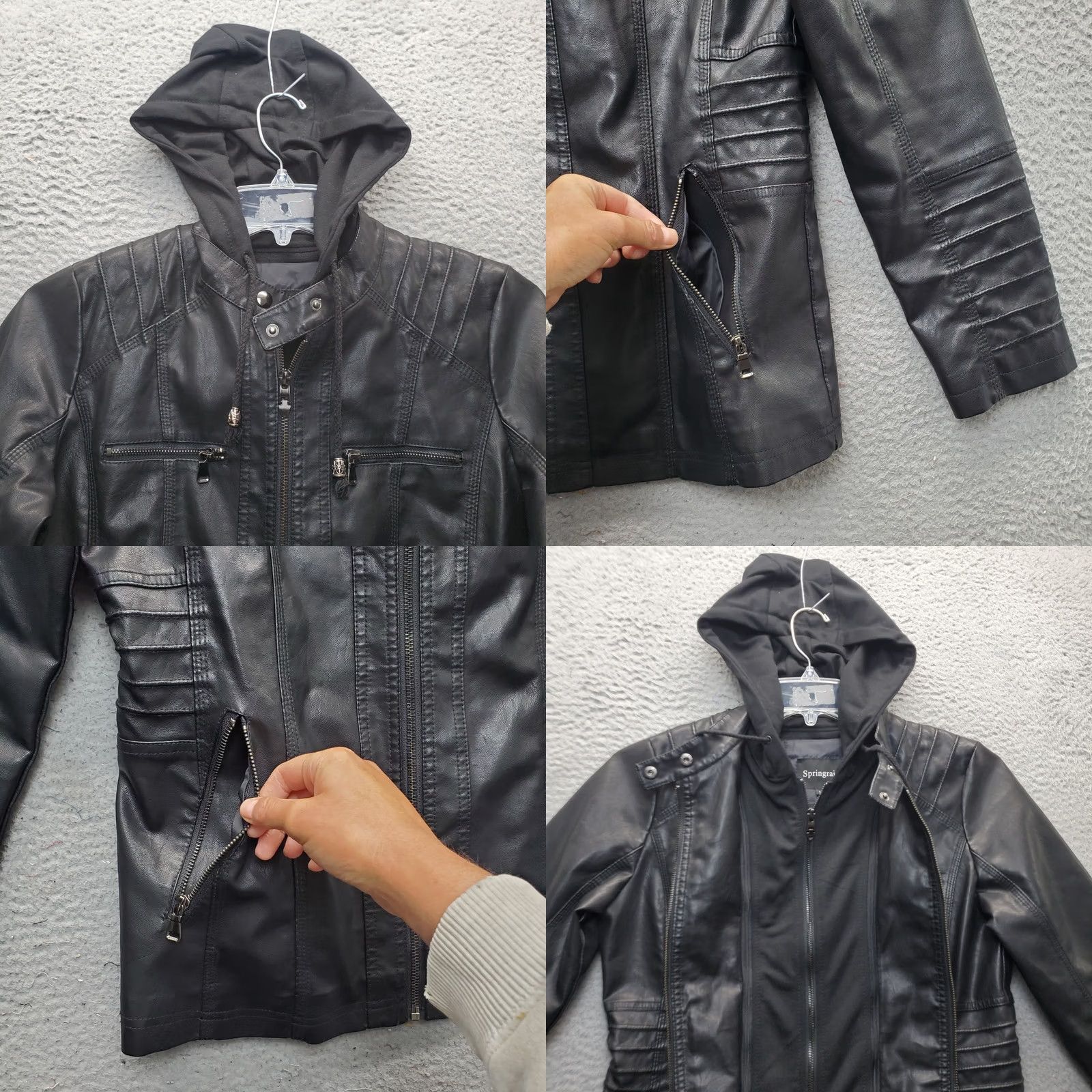 Vintage Springrain Womens Size M Black Hooded Full Zip Faux Leather Bomber Jacket, Pocket, Short Length, Zip, Casual Outerwear 90s Theme? Size M / US 6-8 / IT 42-44 - 8 Thumbnail