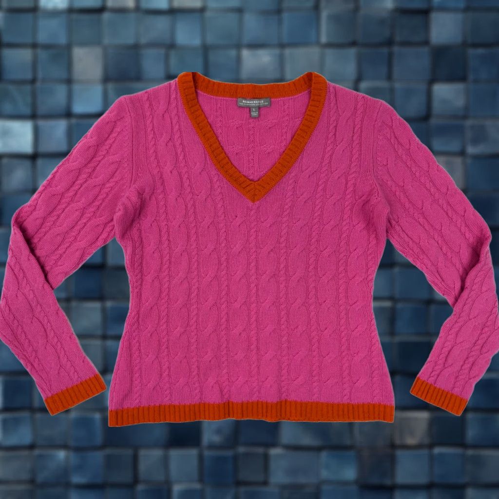 Neiman Marcus Neiman Marcus Cashmere Collection Cable Knit Ribbed Rope V-Neck Sweater Women L Pink Size L / US 10 / IT 46 - 1 Thumbnail