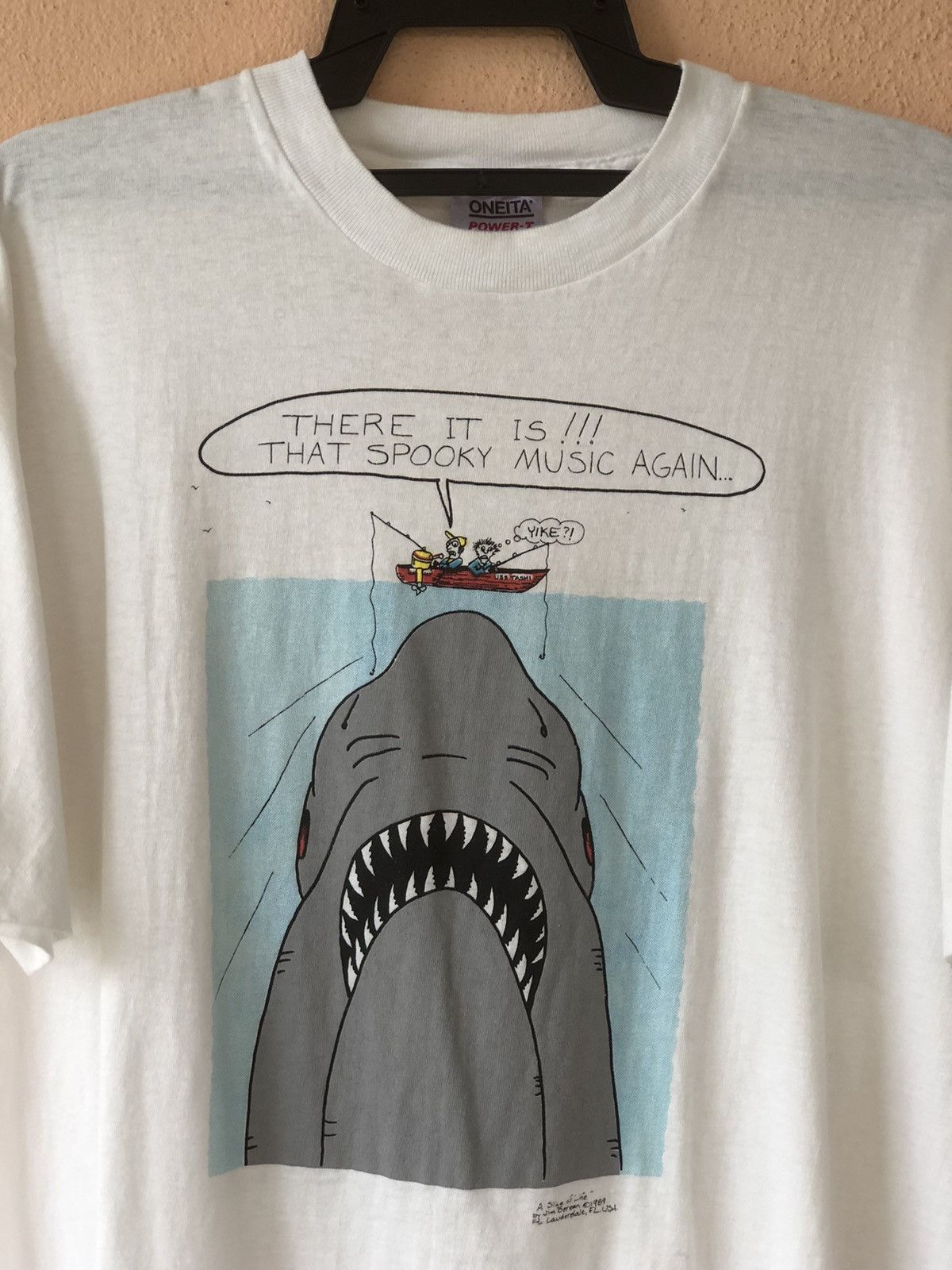 Vintage Fishing JAWS Cartoon Art Rare Tee
