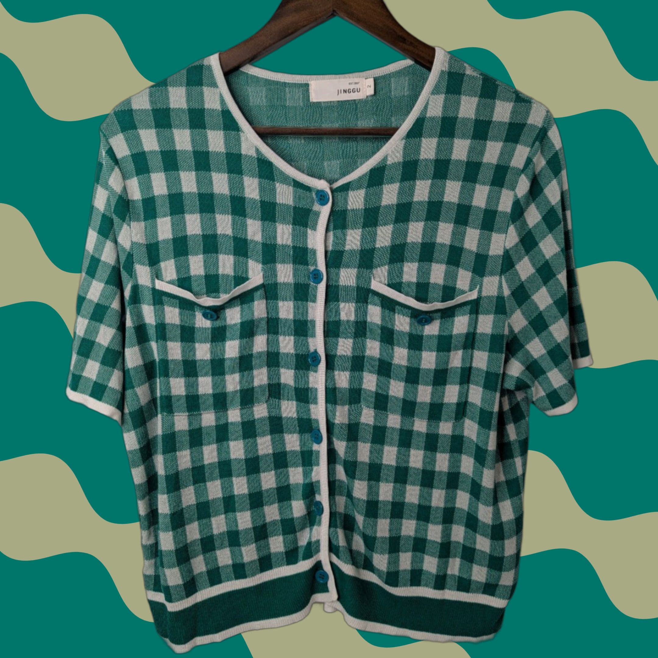 Vintage Jinggu Green Gingham Cardigan Womens Top Size 2 Knit Crew Neck Pockets Casual Fall Winter Size XS / US 0-2 / IT 36-38 - 1 Thumbnail