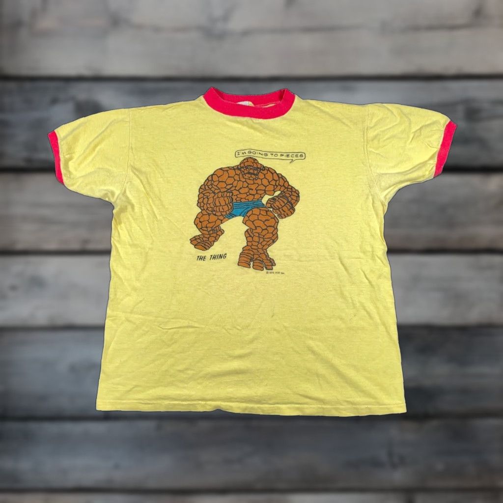 Vintage VINTAGE 1975 Marvel Fantastic Four The Thing Ringer T-Shirt Adult Large Yellow Graphic Print 70s Mens Size US L / EU 52-54 / 3 - 1 Thumbnail