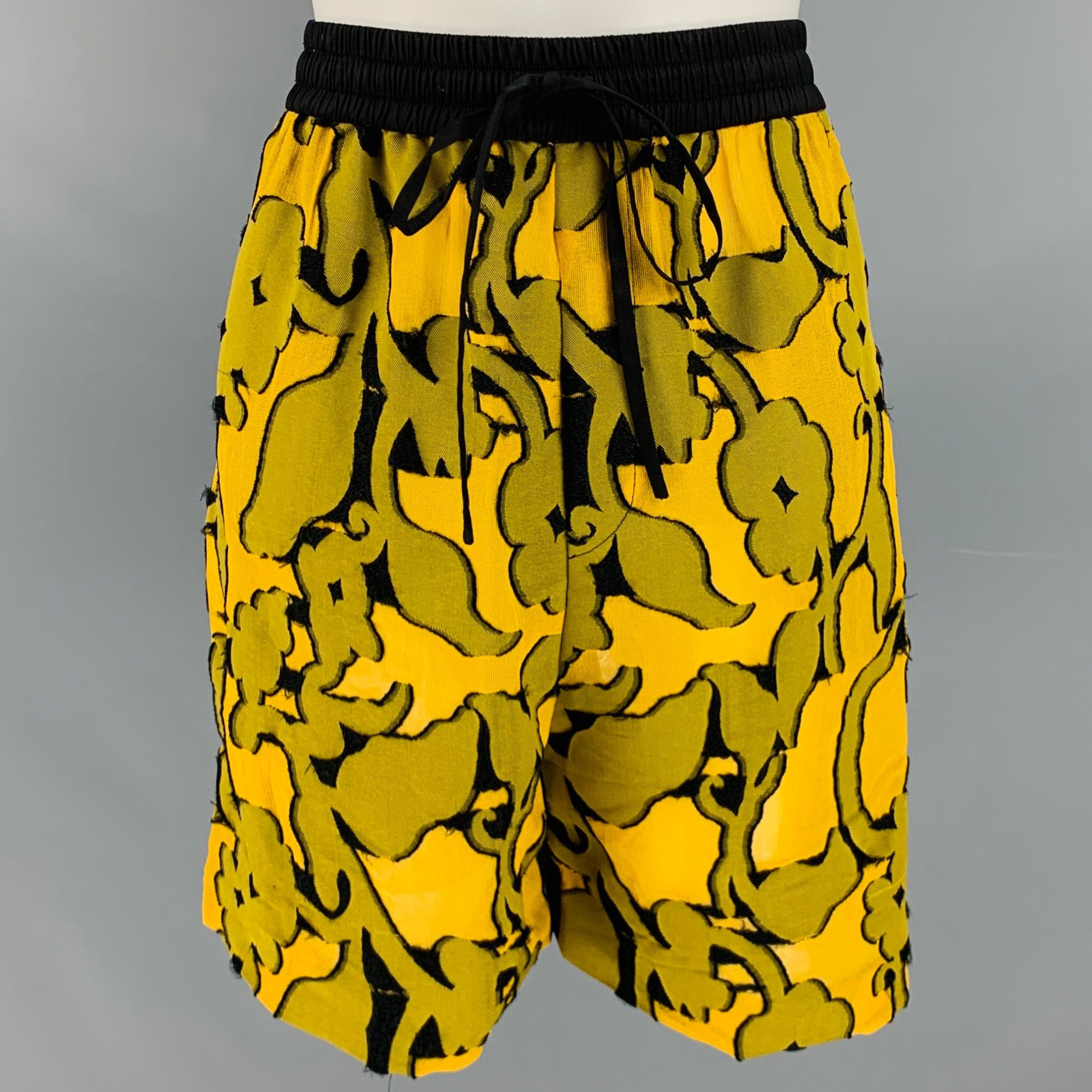 image of Prabal Gurung Yellow Black Floral Athletic Drawstring Shorts, Men's (Size 32)