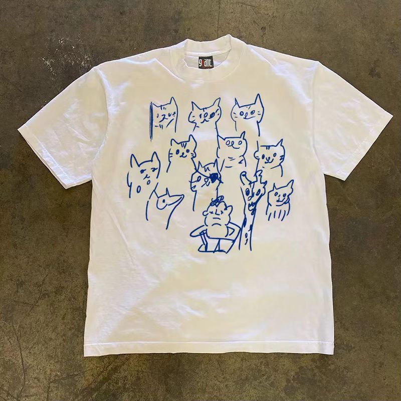 Vintage White street casual retro cute cat print t-shirt Size US M / EU 48-50 / 2 - 1 Thumbnail