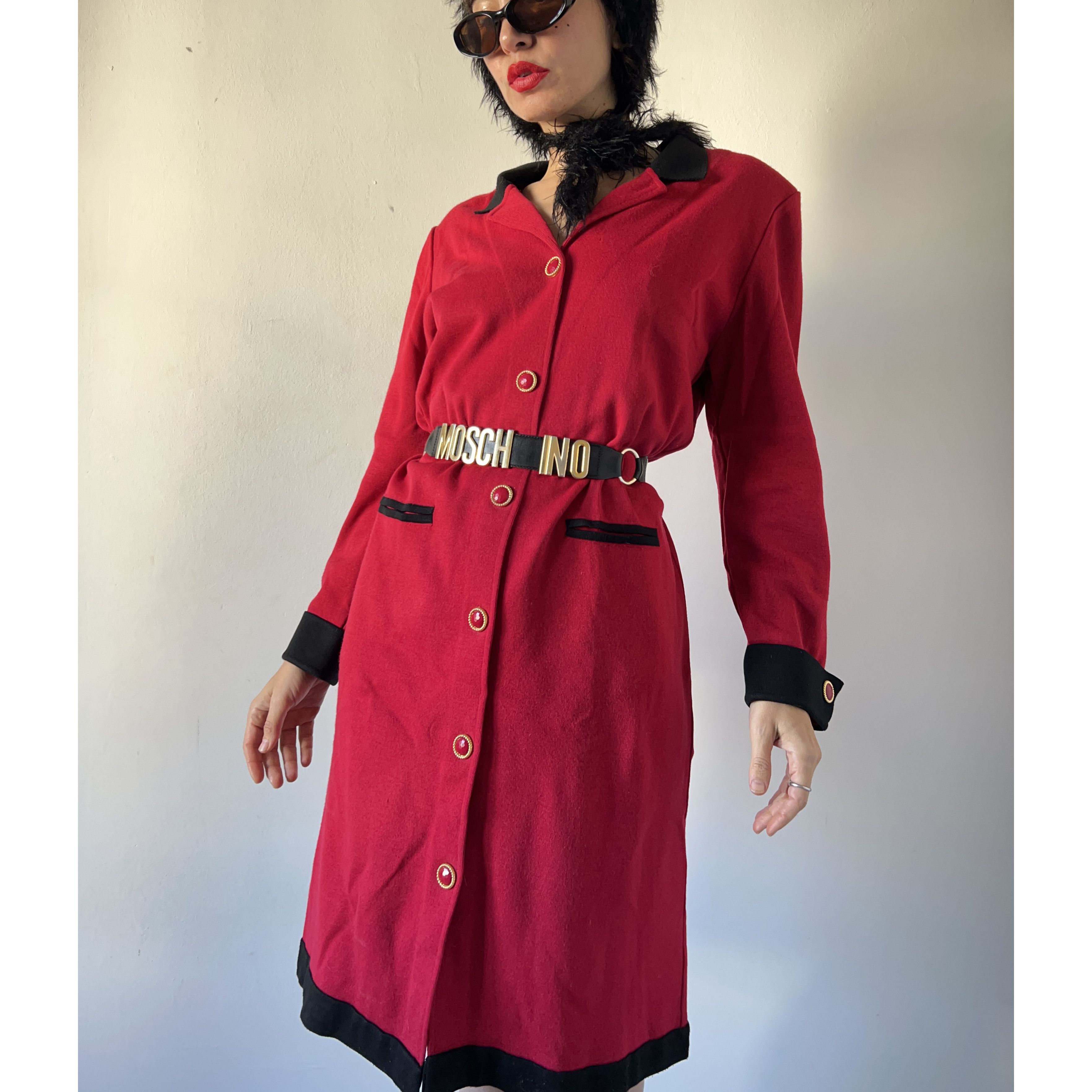 Vintage Vintage red wool shirt dress with black trim Size M / US 6-8 / IT 42-44 - 1 Thumbnail