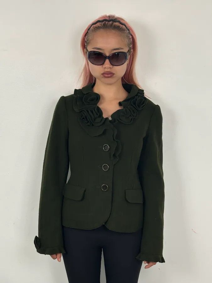 Moschino 2010s Moschino Olive Wool Ruffled Blazer Jacket Size S / US 4 / IT 40 - 2 Thumbnail