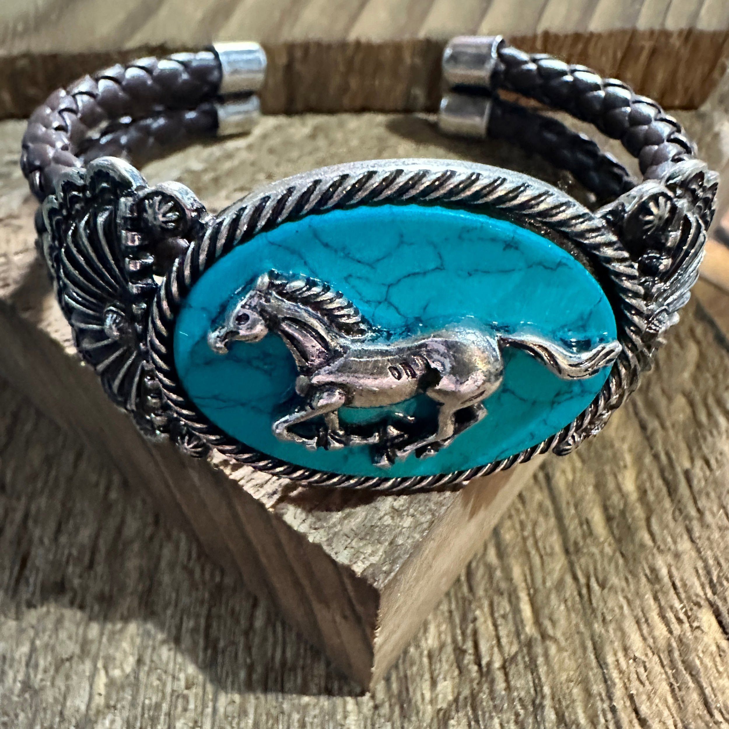 Other Horse Turquoise Stone Western Leather Open Bangle Bracelet Size ONE SIZE - 7 Thumbnail