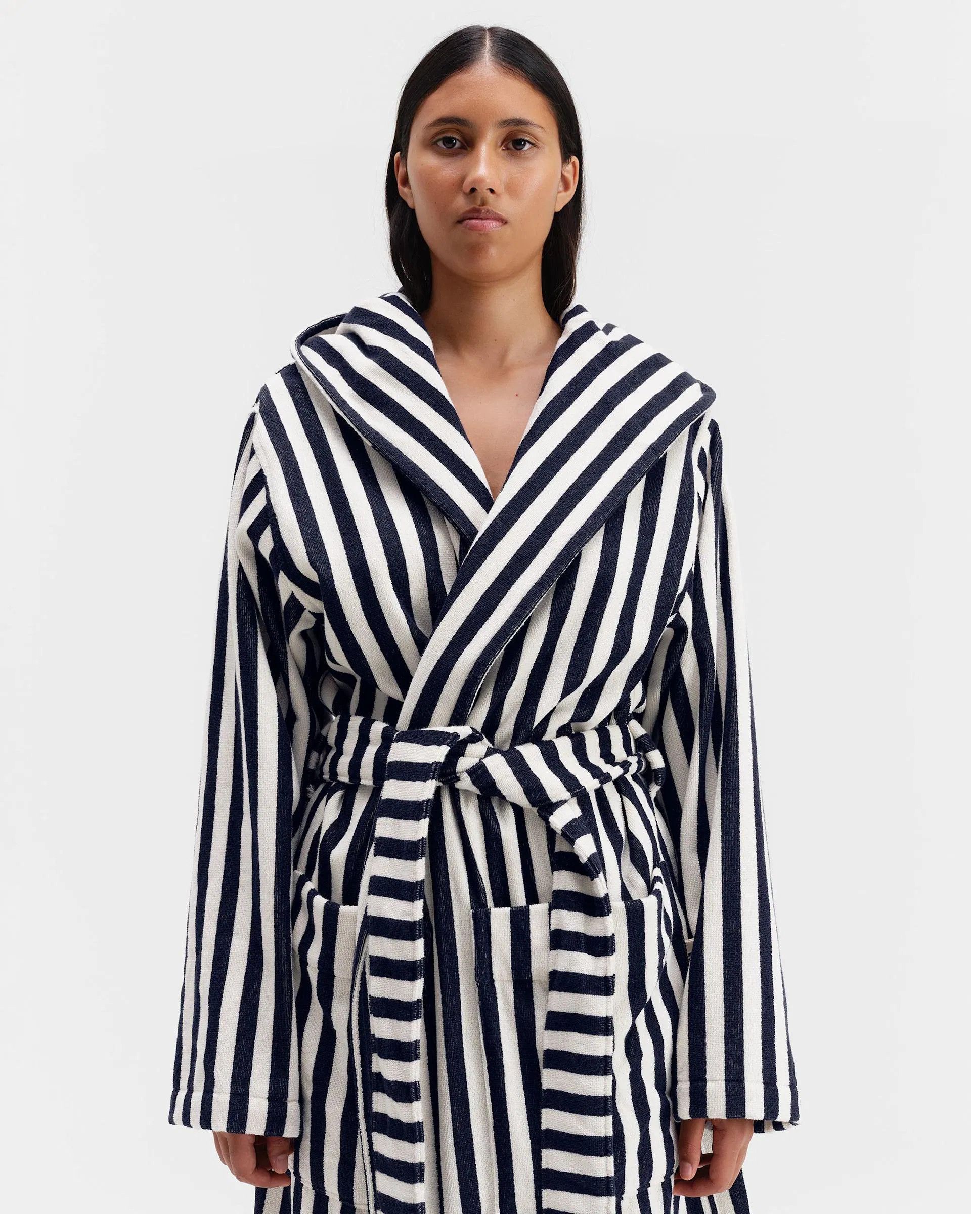 Tekla o1mle0525 Unisex Hooded Bathrobe Humbug Stripes White & Navy Size XS / US 0-2 / IT 36-38 - 4 Thumbnail