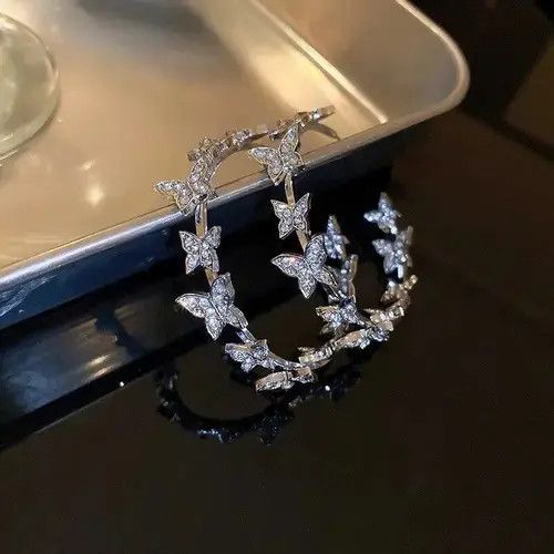 Japanese Brand × Vintage Butterfly Hoop Earrings Shiny Rhinestones Crystal Size ONE SIZE - 1 Thumbnail