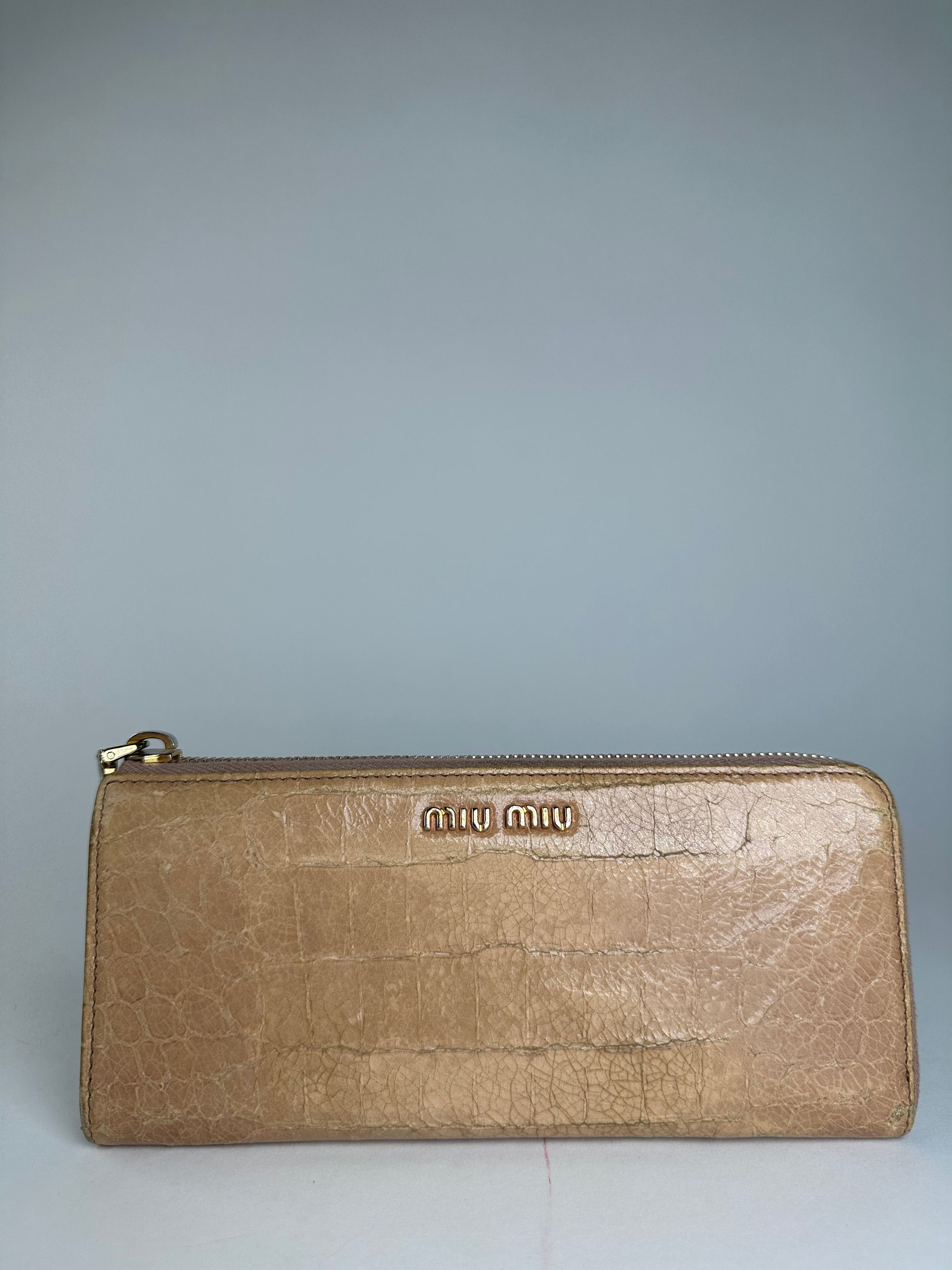 Miu Miu Vintage Crocodile Emblossed Leather Long Wallet Beige Brown Size ONE SIZE - 1 Thumbnail