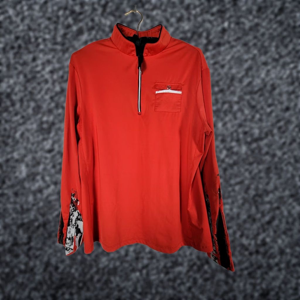Vintage Jamie Sadock Womens Golf Shirt Medium Red 1/4 Zip Preppy Performance Activewear Shirt Women Red Golf 1/4 Zip Pullover Mock Neck Long Sleeve Striped? Size M / US 6-8 / IT 42-44 - 1 Thumbnail