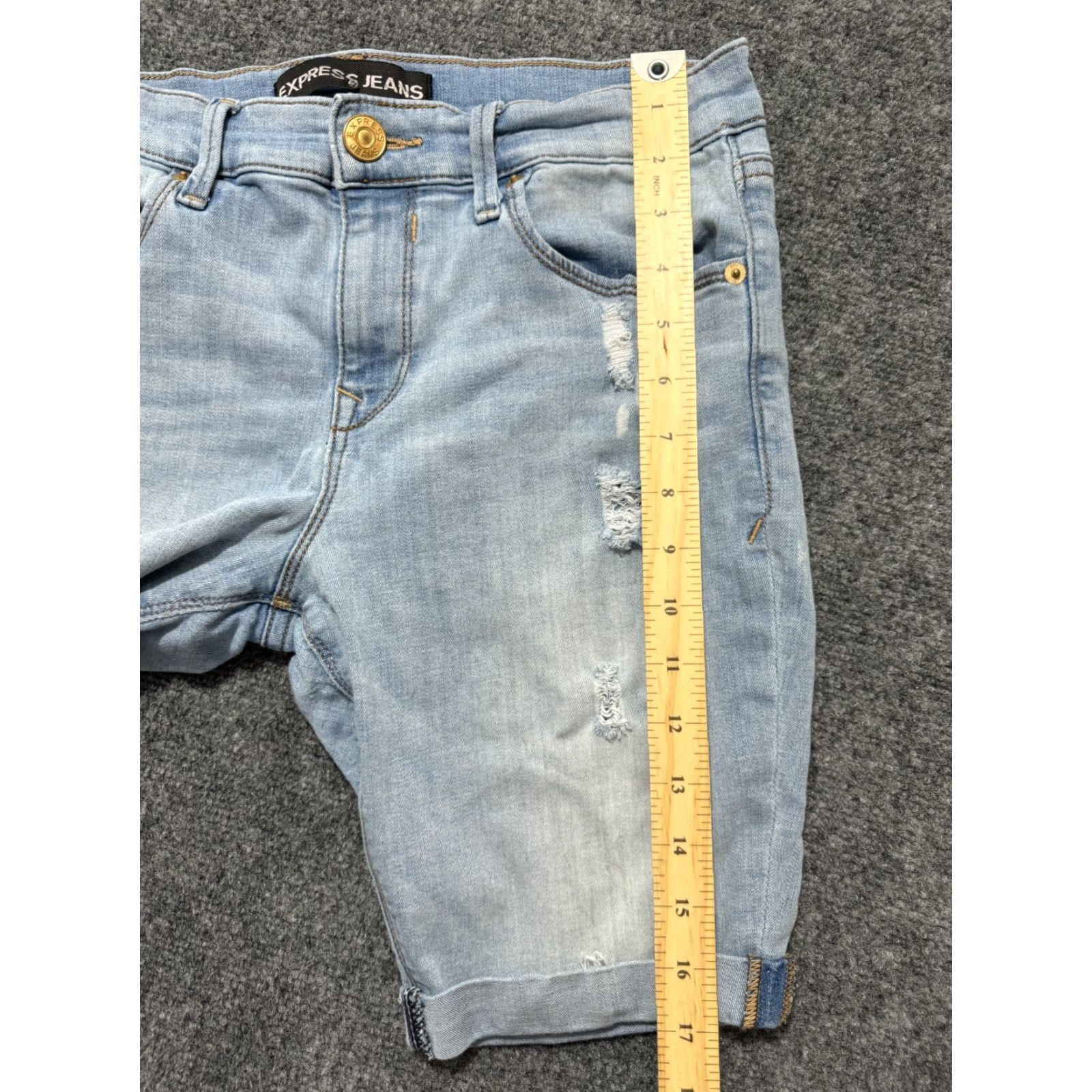 Express Express Women's Jeans Shorts 30×8 Blue Distressed Cuffed Stretch Jorts Cut-Off Size 29" - 7 Thumbnail