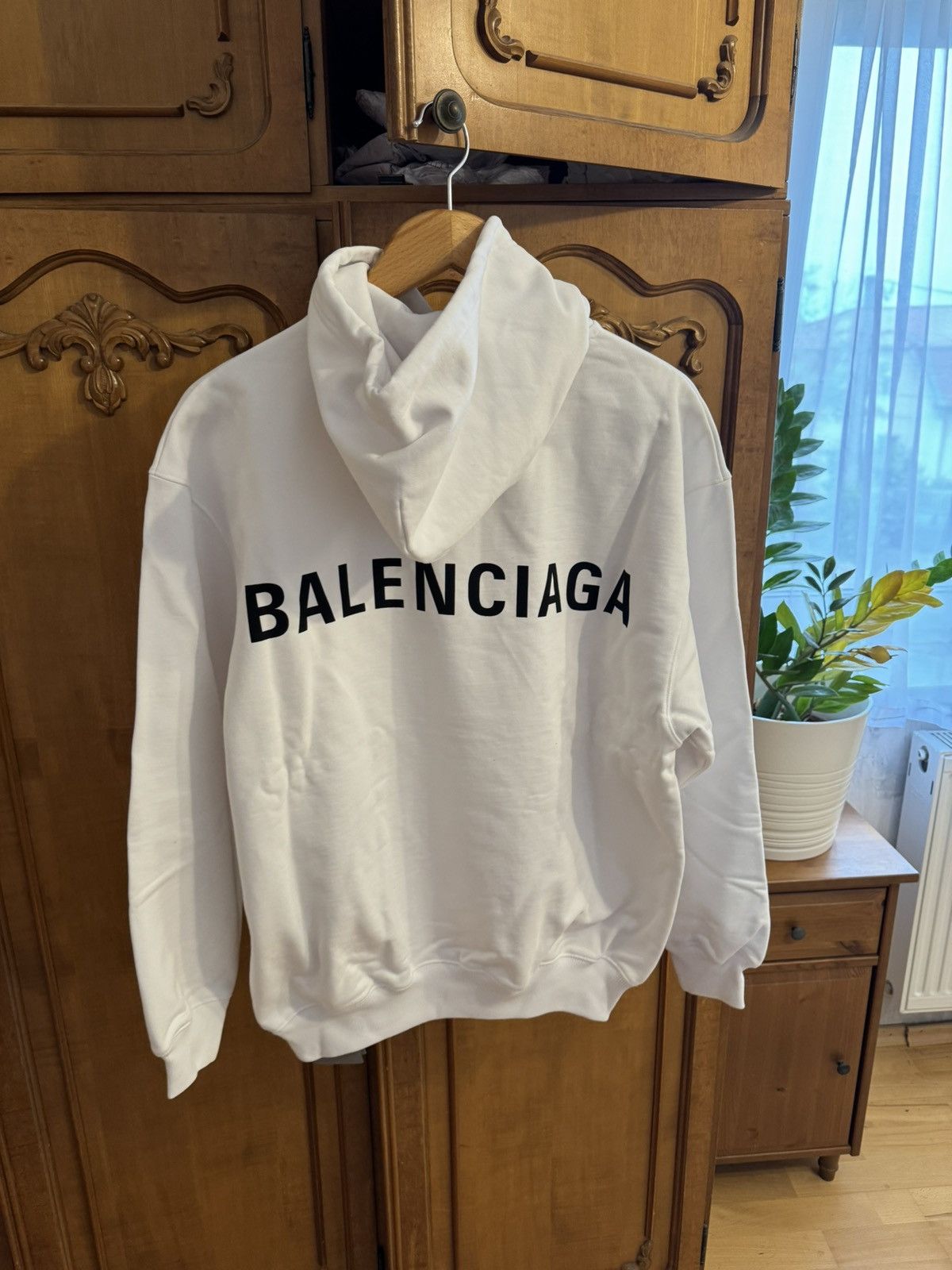 image of Balenciaga Back-Text White Hoodie, Men's (Size XS)