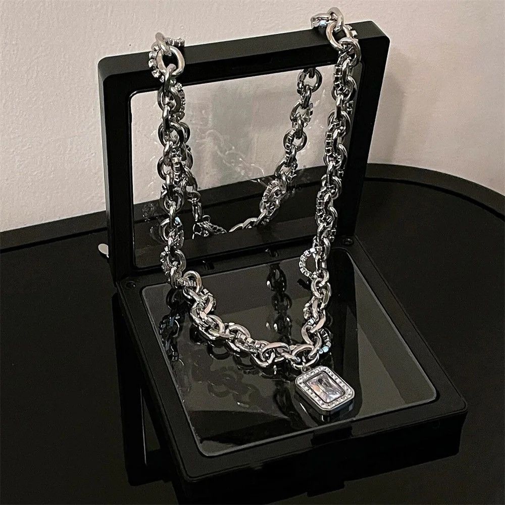Jewelry × Vintage Hip Hop Square Zircon Necklace Titanium Steel Pendant Size ONE SIZE - 4 Thumbnail