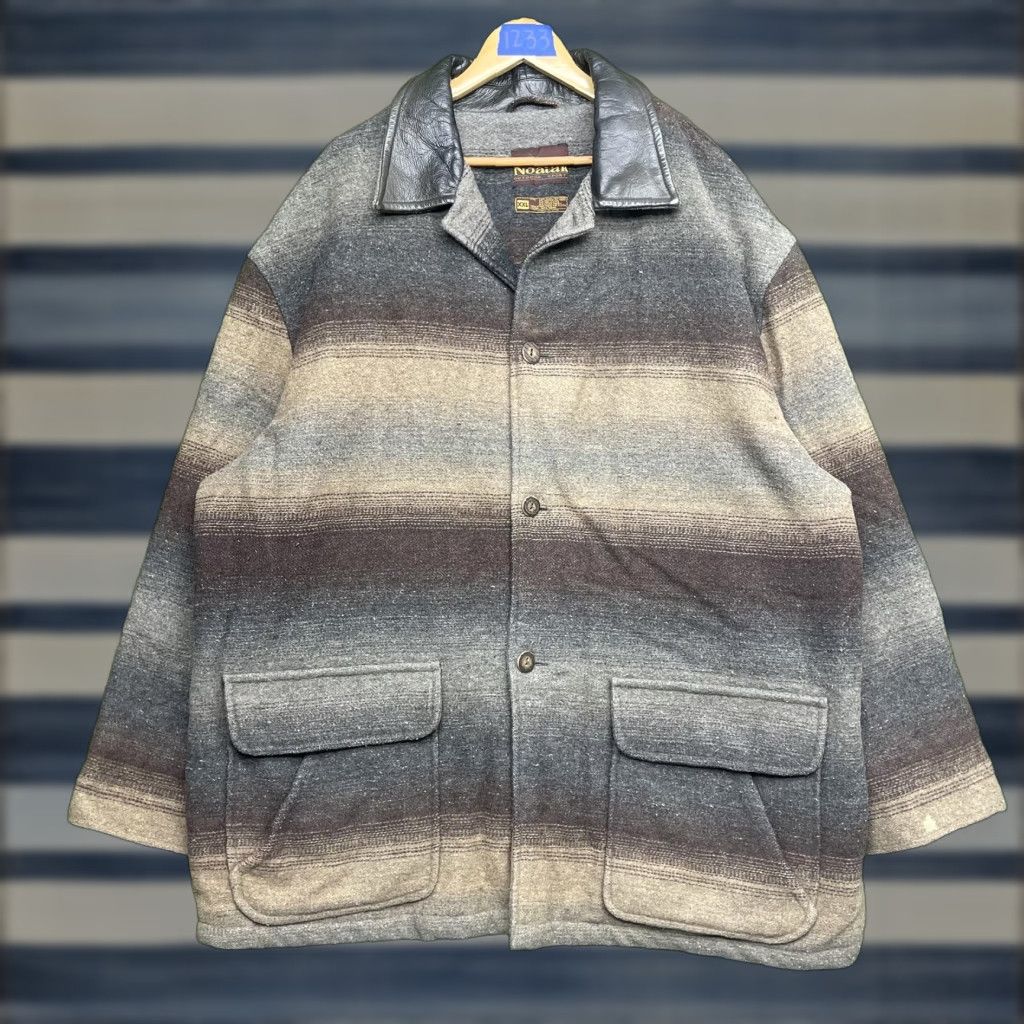 VINTAGE Noatak Coat Mens 2XL Gray Wool Overcoat Striped Leather Collar Pockets Weatherproof Outdoor Casual Workwear
