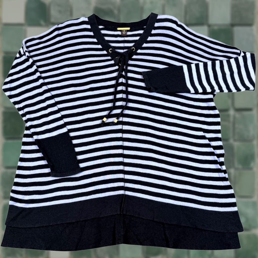 Vintage Dana Buchman Sweater Knit Relaxed Fit V Neck Lace Up Striped Tunic Medium Womens Size M / US 6-8 / IT 42-44 - 1 Thumbnail