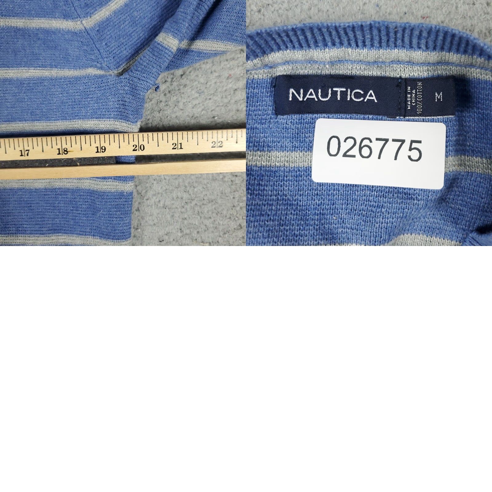 Nautica Nautica Striped V Neck Sweater Mens Medium Blue Gray Pullover Cotton Cable-Knit Business Casual Size US M / EU 48-50 / 2 - 8 Thumbnail