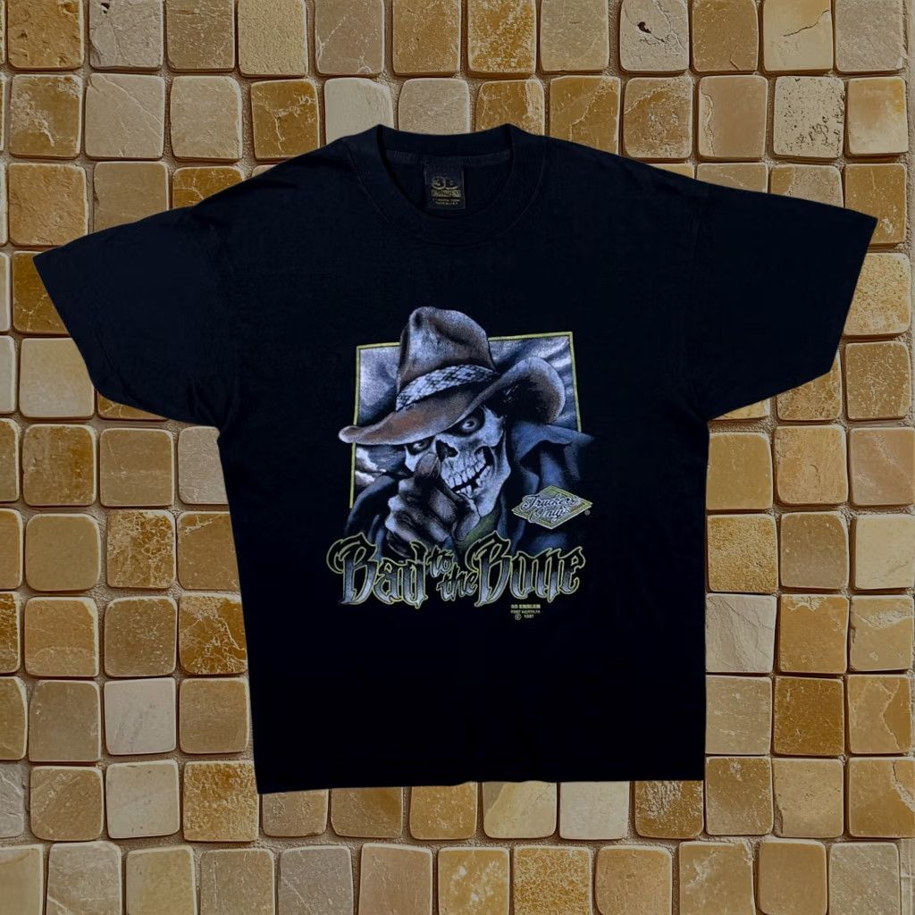 Vintage 3d Emblem T-Shirt Mens Medium Black Skull Biker "Bad To The Bone" Single Stitch, Men's