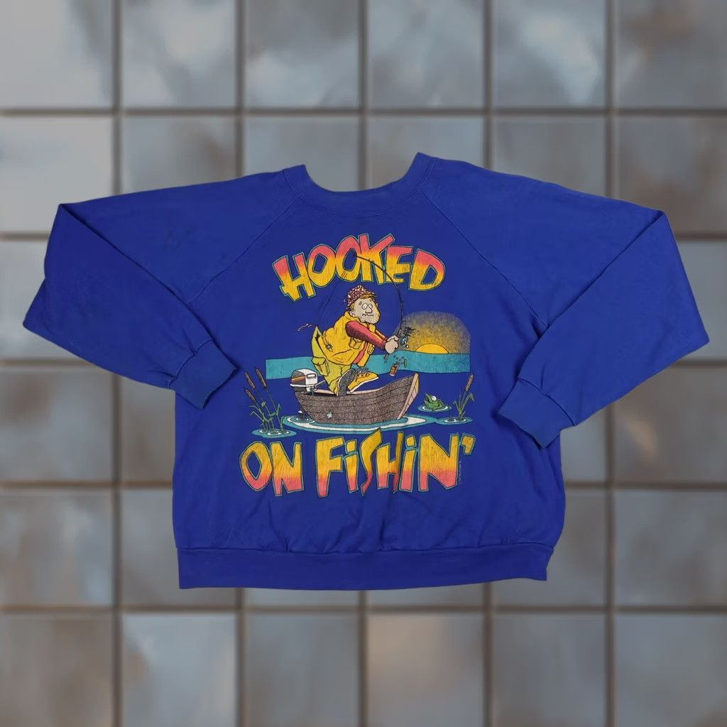 Sunray Sportswear VINTAGE Sun Sportswear Hooked On Fishin Sweatshirt Mens L Blue Graphic Print 80s 90s Size US L / EU 52-54 / 3 - 1 Thumbnail