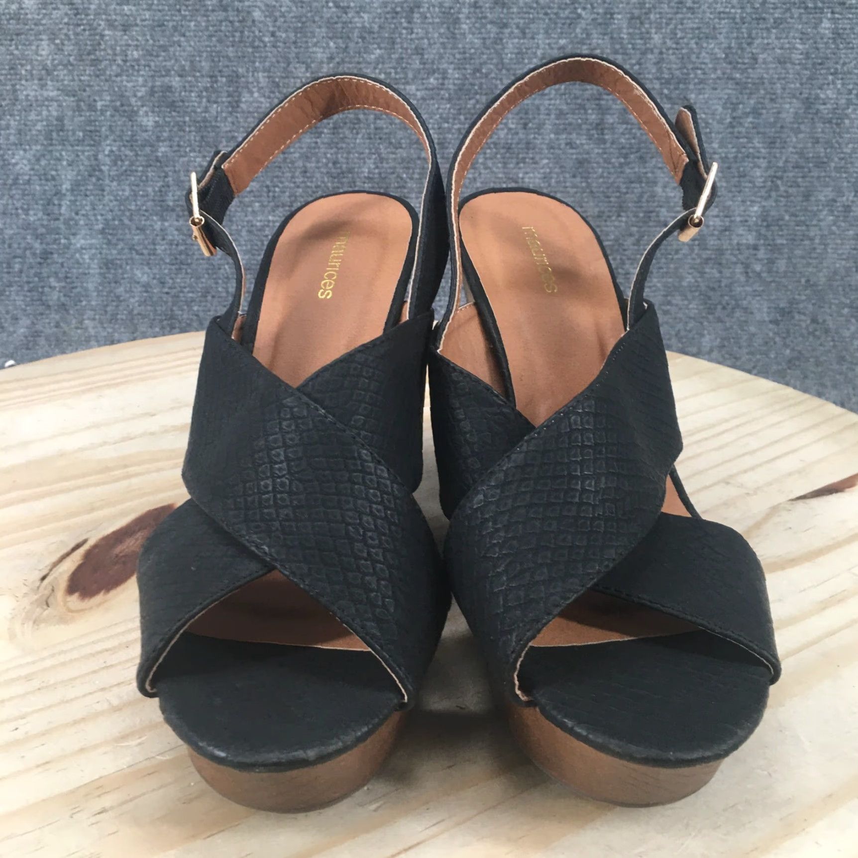 Vintage Maurices Sandals Womens 11 Beverly Slingback Wedge Heels Black Faux Leather Size US 11 / IT 41 - 7 Thumbnail