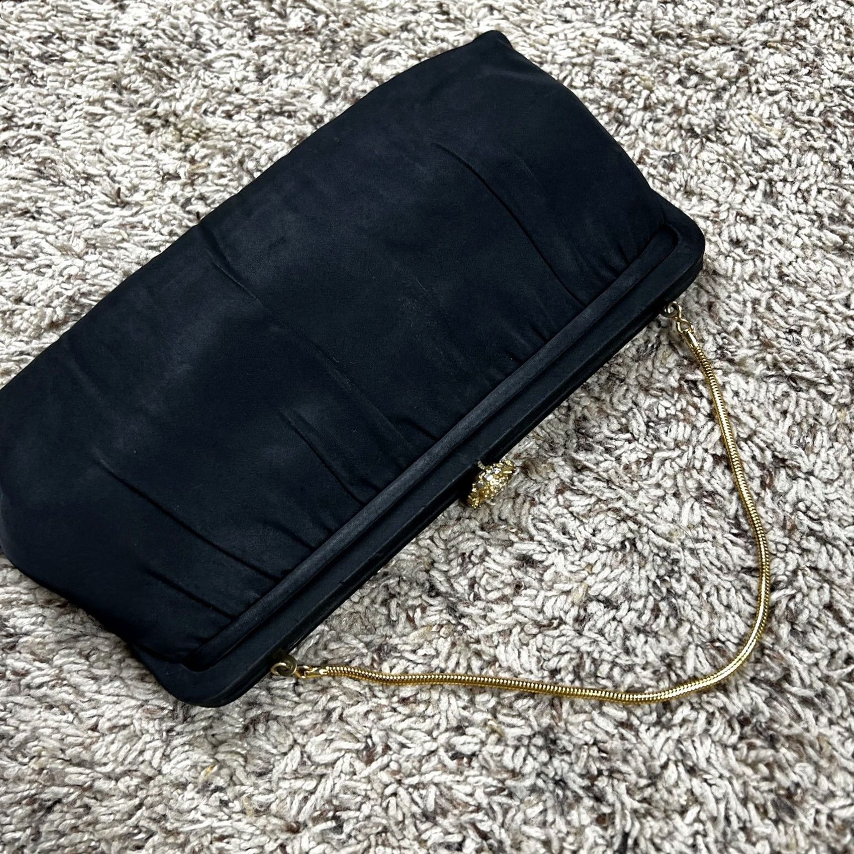 Vintage VINTAGE Satin Bag Clutch Purse Wedding Prom Evening Formal Chain Rhinestone Clutch Purse Small Black Womens Size ONE SIZE - 6 Thumbnail