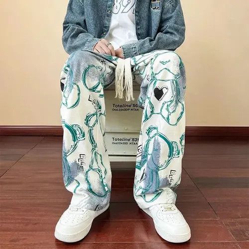image of Vintage Man Casual Pants Harajuku Wide Leg Oversize in Blue/White, Men's (Size 30)