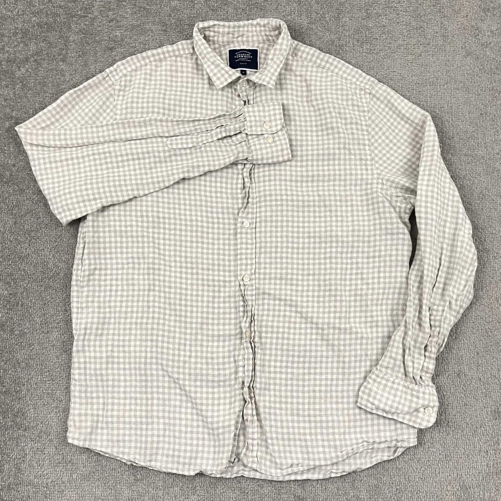 Charles Tyrwhitt Charles Tyrwhitt Shirt Mens XL Slim Linen Gray White Check Button Up Old Money Size US XL / EU 56 / 4 - 4 Thumbnail