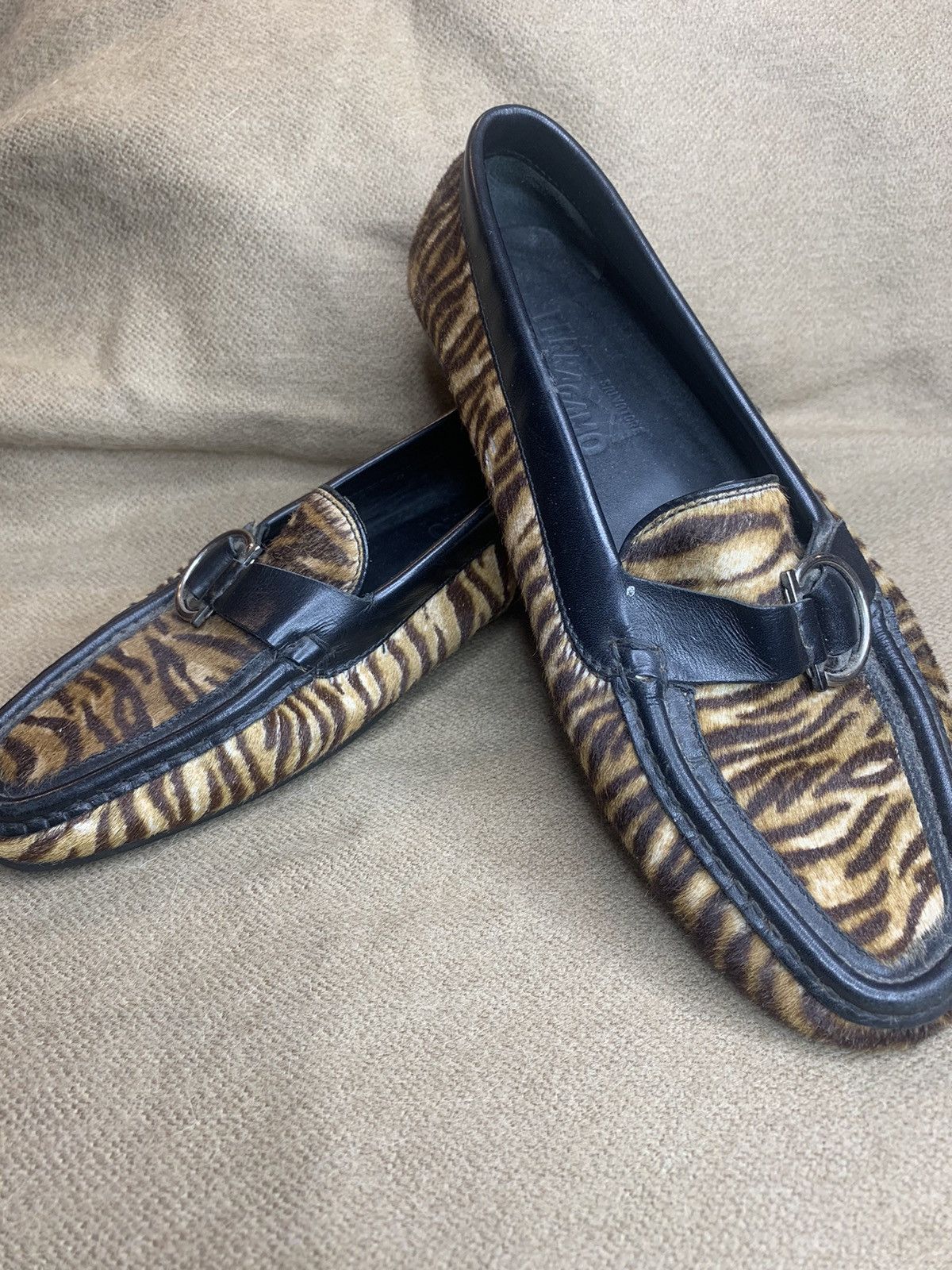 image of Vintage Salvatore Ferragamo Suede Tiger Stripe Flat Shoes in Tiger Camo, Women's (Size 6)