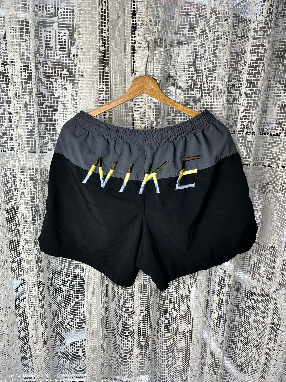 Pre-owned Nike X Vintage Nike Vintage Big Embroidered Logo Nylon Swimming Shorts 90's In Black