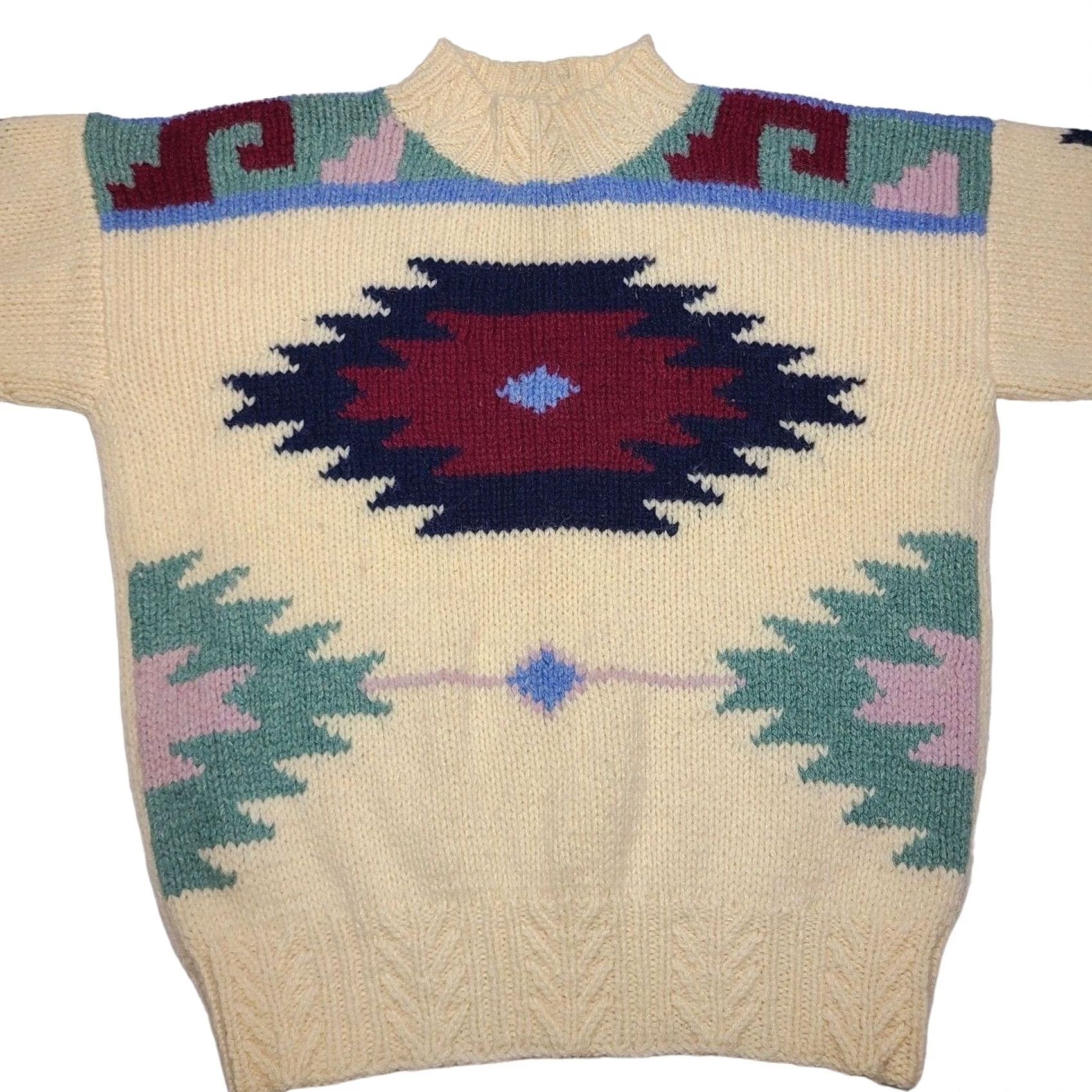 Vintage VINTAGE Susann D Sweater Hand Knit 100% Wool Aztec Design Women's Size Medium Crew Neck Knitted Tight-Knit Long Sleeve Pullover Beige, M Women's, 90s Size M / US 6-8 / IT 42-44 - 3 Thumbnail