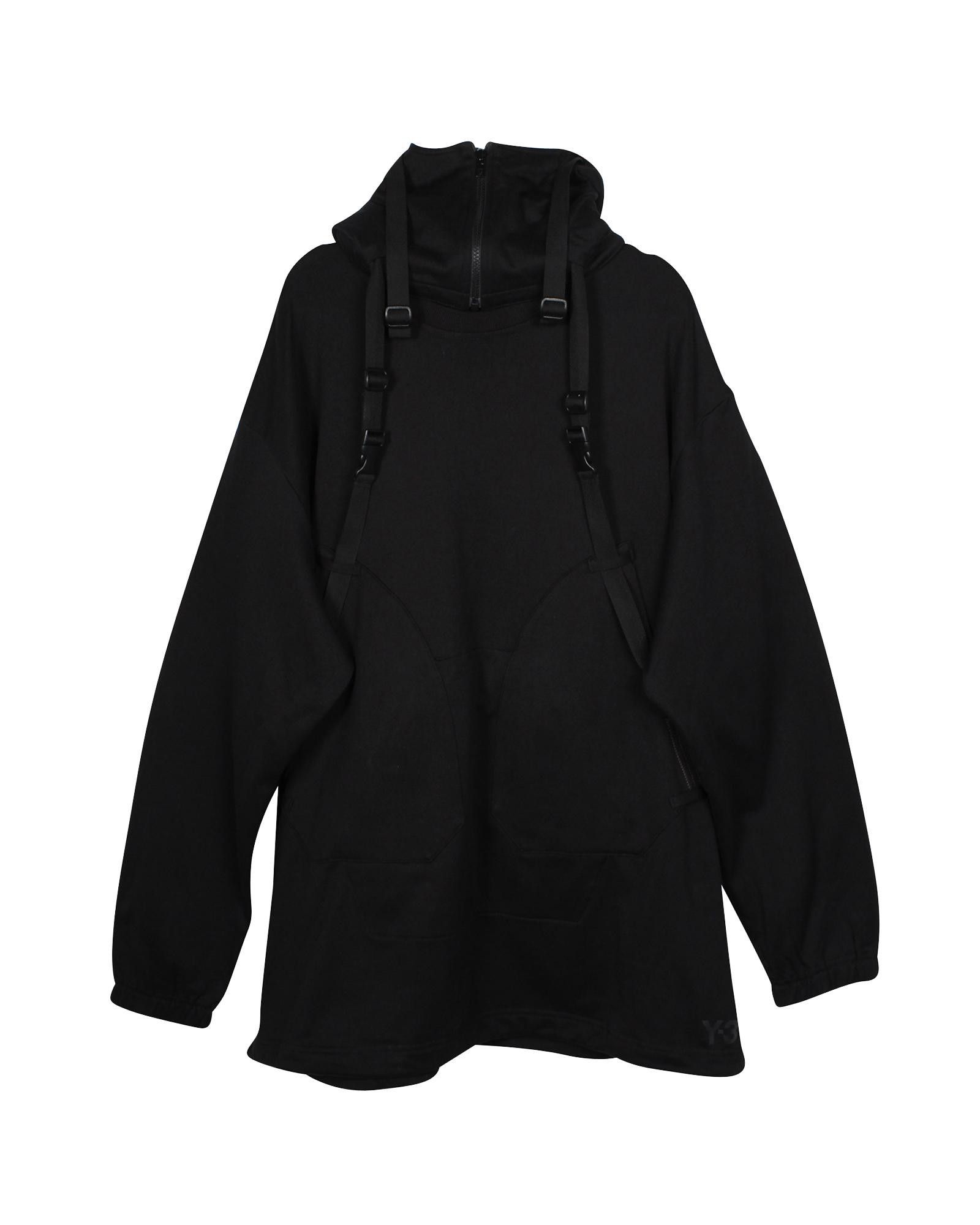 image of Y 3 Oversized Black Cotton Hoodie With Harness Strap Detail, Men's (Size Medium)