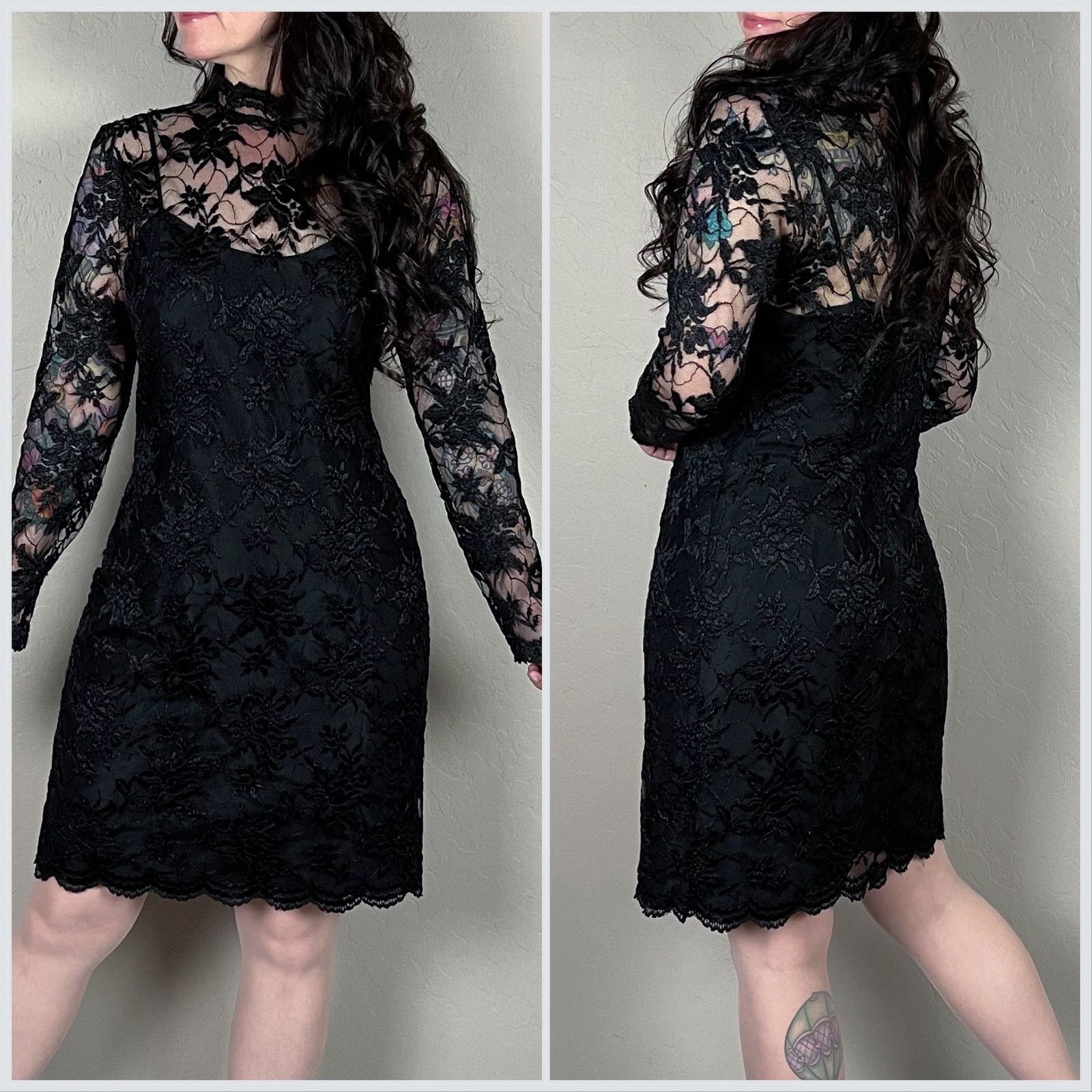 Vintage Vintage 1980s Black Lace Illusion Long Sleeve Mini Dress Size S / US 4 / IT 40 - 3 Thumbnail
