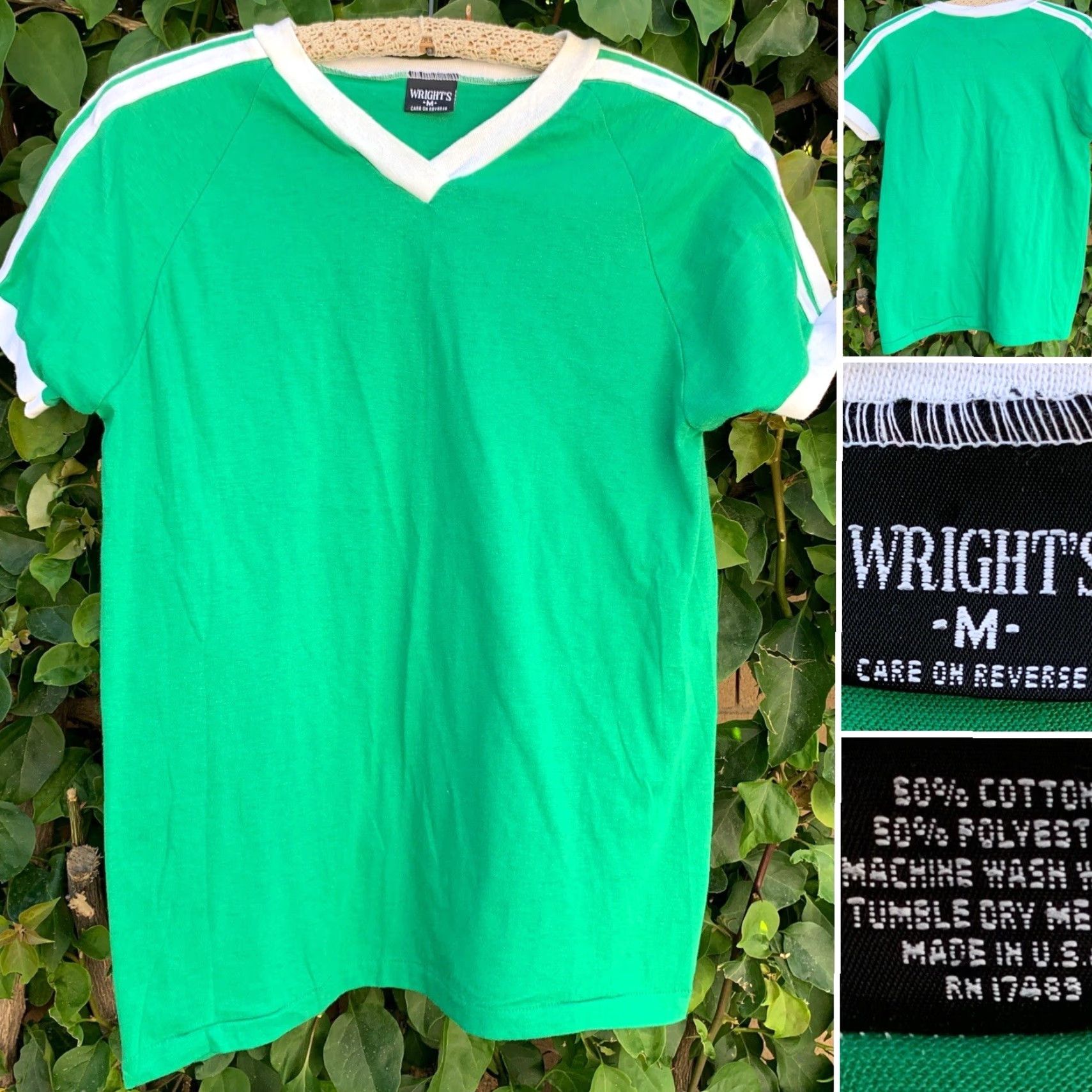 Vintage VINTAGE Wrights T Shirt Short Sleeve V Neck Ringer Tee Made In USA Size M Green Casual Mens Vintage 50% cotton 50% polyester) Size US M / EU 48-50 / 2 - 7 Thumbnail