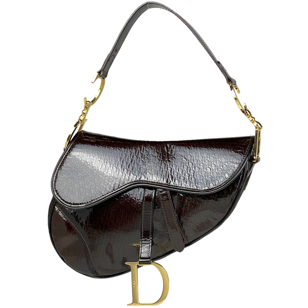 image of Christian Dior Saddle Bag Enamel Shoulder Handbag Patent Leather Dark Brown, Women's