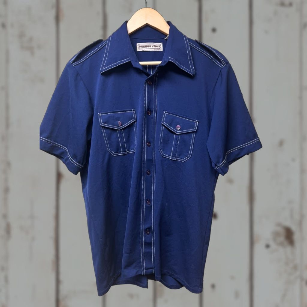 Vintage VINTAGE Philippe Venet Shirt 70s Button-Down Short Sleeve Blue L Mens Pocket-Button Up - 100% Polyester Size US L / EU 52-54 / 3 - 1 Thumbnail