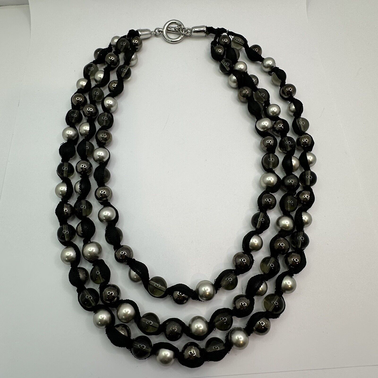 Other MultiStrand Ribbon Necklace Silver Blk Clear Glass Beads 22" Size ONE SIZE - 9 Thumbnail